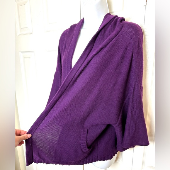 EILEEN FISHER Purple Cardigan Sweater Hooded Pockets Plum Organic Cotton Knit - Picture 3 of 14